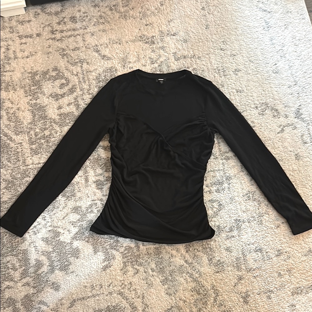 Express Black Fitted Ruched Long Sleeve Blouse